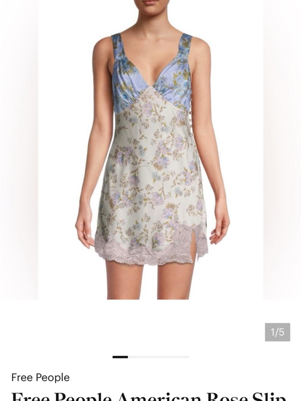Free People Blue and Cream Floral Lace-Trim Slip Dress